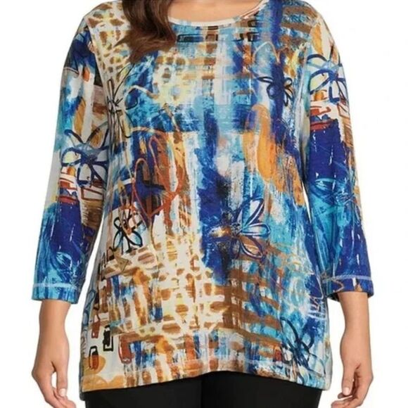 Ali Miles Blue/Copper Artsy Geometric Soft Knit Tunic Top w/Pocket XL - Picture 1 of 8